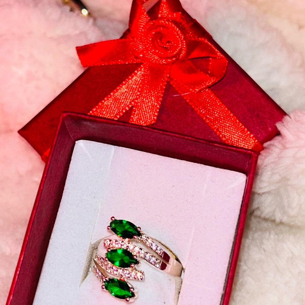Green and Silver Emerald Ring with Accent Stones